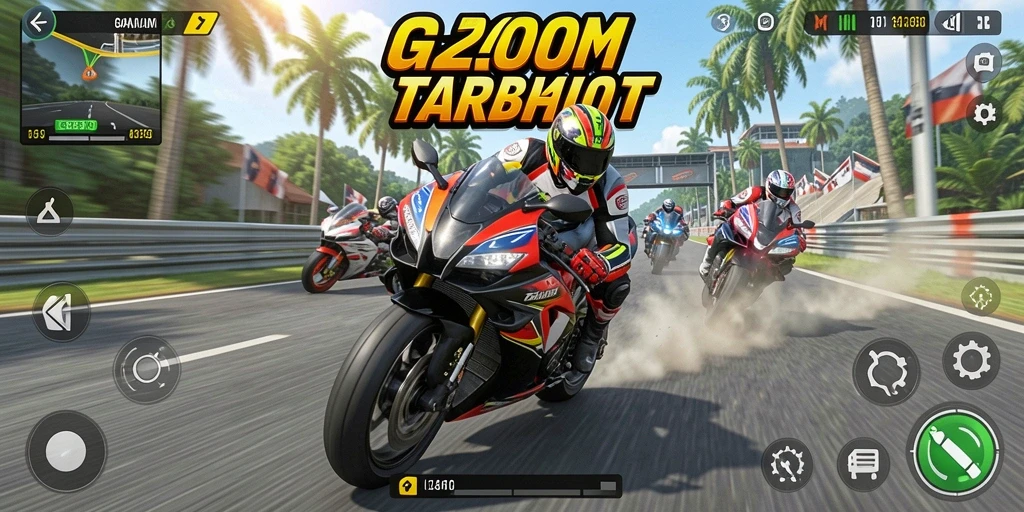 Tangkapan layar A200M menampilkan aksi balap motor yang cepat dan mendebarkan.