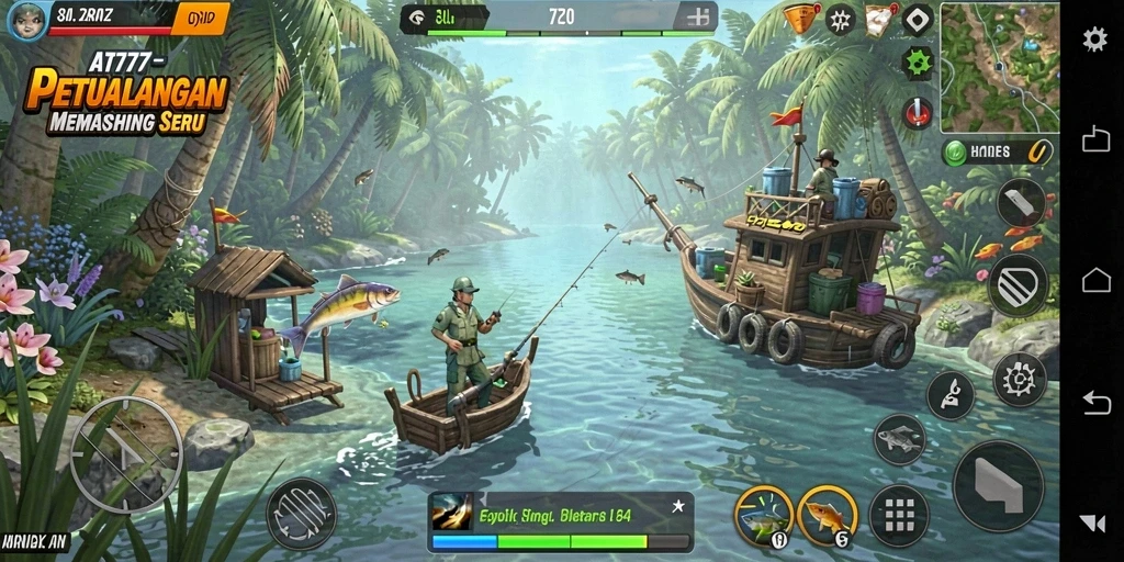 Screenshot gameplay AT777 menampilkan momen menangkap ikan dengan pemandangan indah.