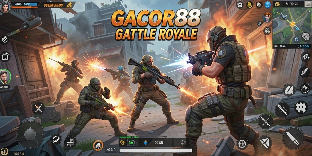 Tangkapan layar utama GACOR88 menampilkan aksi seru dalam pertempuran Battle Royale.