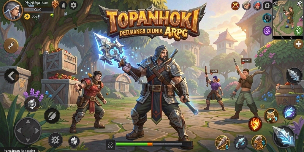 Screenshot gameplay TOPANHOKI menunjukkan aksi pertempuran yang mendebarkan dan grafis yang penuh warna.